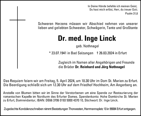 Traueranzeige von Inge Linck von Thüringer Allgemeine, Thüringische Landeszeitung