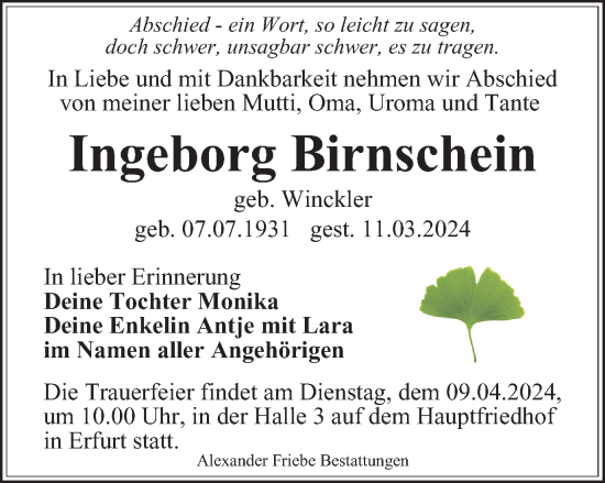 Traueranzeige von Ingeborg Birnschein von Thüringer Allgemeine, Thüringische Landeszeitung