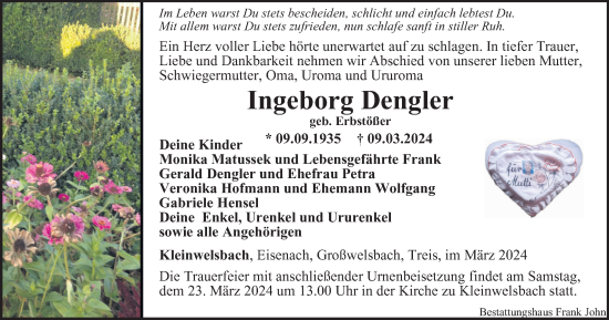 Traueranzeige von Ingeborg Dengler von Thüringer Allgemeine, Thüringische Landeszeitung