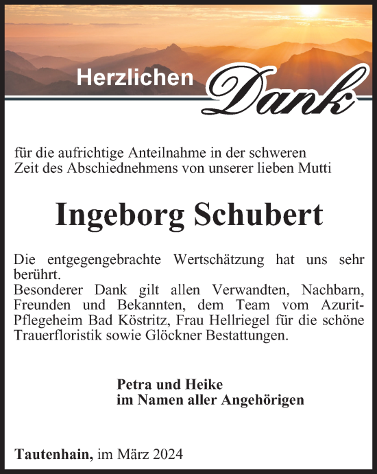 Traueranzeige von Ingeborg Schubert von Ostthüringer Zeitung