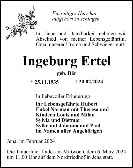 Traueranzeige von Ingeburg Ertel von Ostthüringer Zeitung, Thüringische Landeszeitung