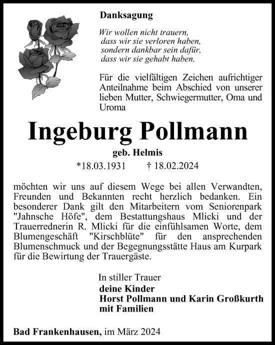 Traueranzeige von Ingeburg Pollmann von Thüringer Allgemeine