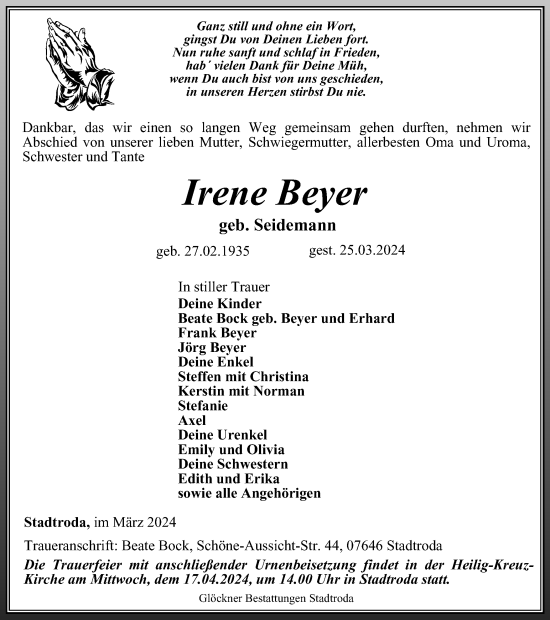 Traueranzeige von Irene Beyer von Ostthüringer Zeitung