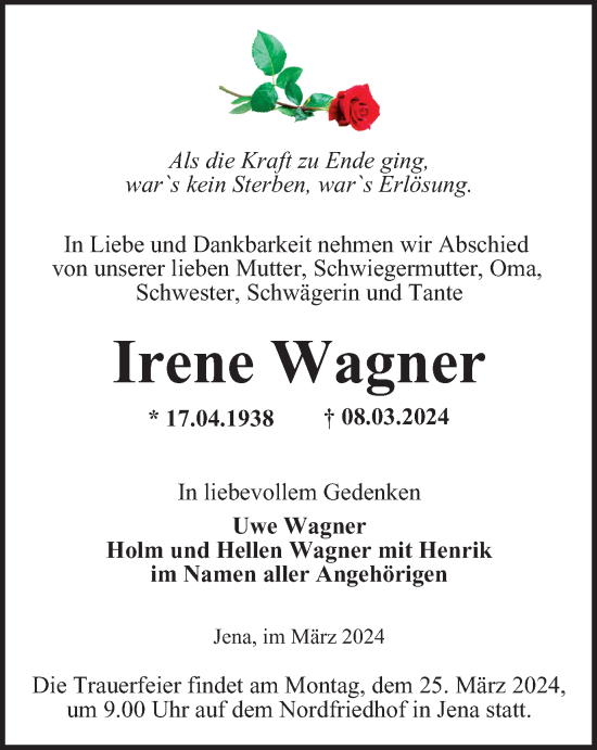 Traueranzeige von Irene Wagner von Ostthüringer Zeitung, Thüringische Landeszeitung