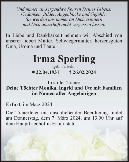 Traueranzeige von Irma Sperling von Thüringer Allgemeine, Thüringische Landeszeitung