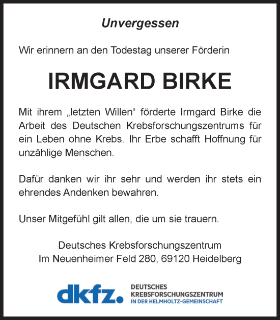Traueranzeige von Irmgard Birke von Thüringer Allgemeine, Thüringische Landeszeitung