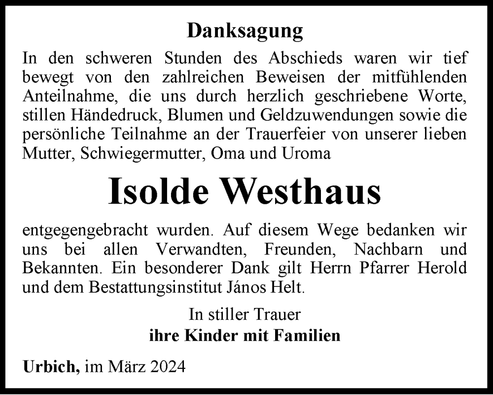  Traueranzeige für Isolde Westhaus vom 02.03.2024 aus Thüringer Allgemeine, Thüringische Landeszeitung