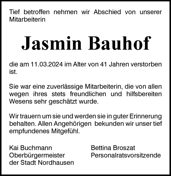 Traueranzeige von Jasmin Bauhof von Thüringer Allgemeine