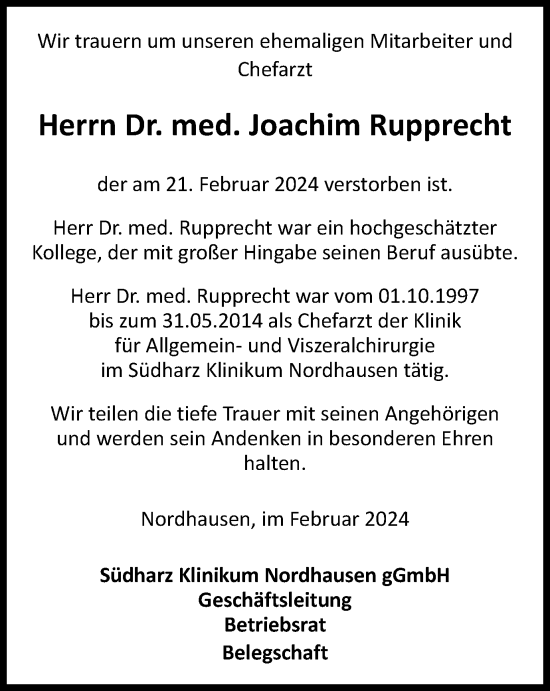 Traueranzeige von Joachim Rupprecht von Thüringer Allgemeine