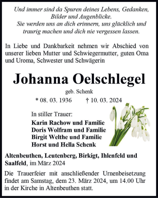 Traueranzeige von Johanna Oelschlegel von Ostthüringer Zeitung
