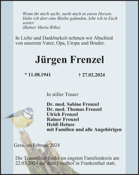 Traueranzeige von Jürgen Frenzel von Ostthüringer Zeitung