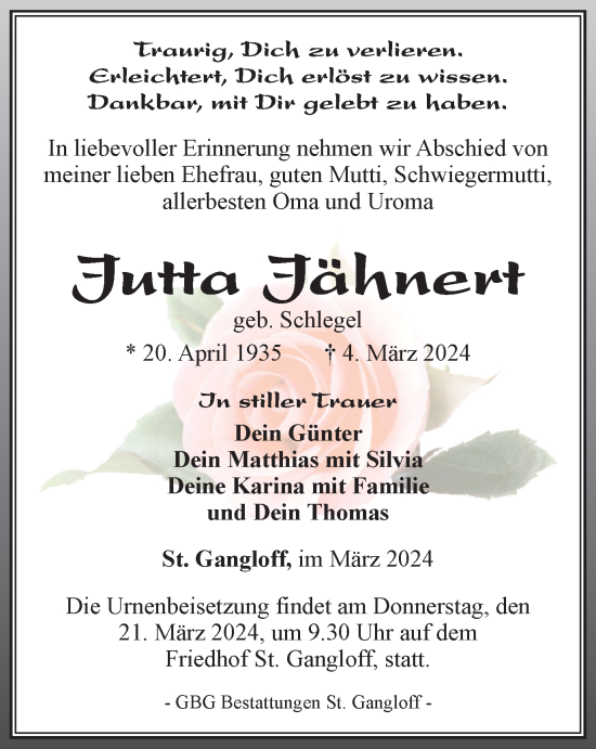 Traueranzeige von Jutta Jähnert von Ostthüringer Zeitung