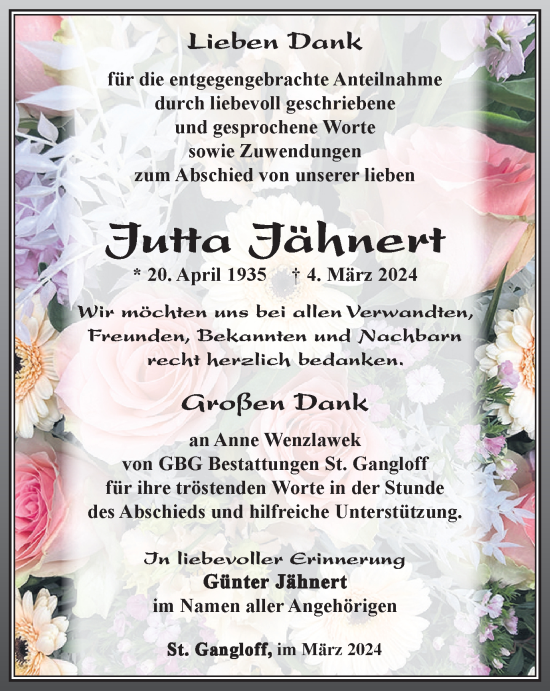 Traueranzeige von Jutta Jähnert von Ostthüringer Zeitung