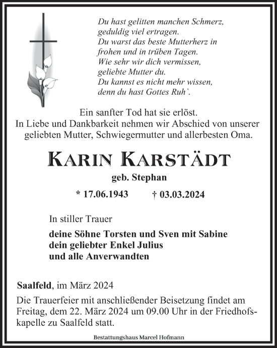Traueranzeige von Karin Karstädt von Ostthüringer Zeitung