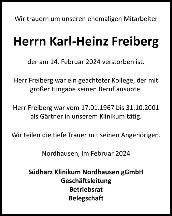 Traueranzeige von Karl-Heinz Freiberg von Thüringer Allgemeine