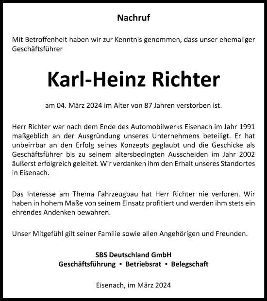 Traueranzeige von Karl-Heinz Richter von Thüringer Allgemeine, Thüringische Landeszeitung