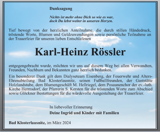 Traueranzeige von Karl-Heinz Rössler von Ostthüringer Zeitung