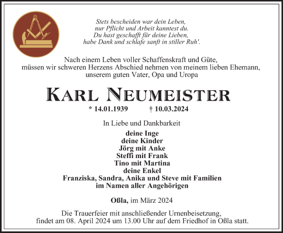 Traueranzeige von Karl Neumeister von Ostthüringer Zeitung
