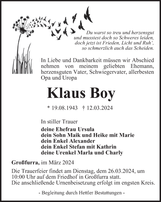 Traueranzeige von Klaus Boy von Thüringer Allgemeine