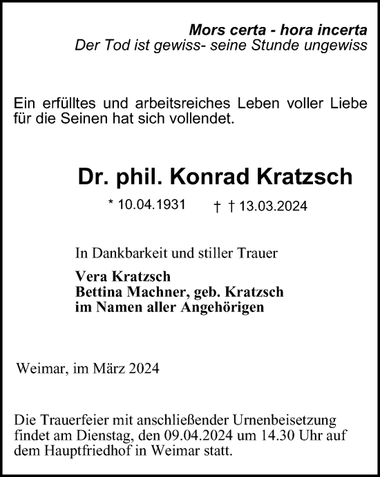 Traueranzeige von Konrad Kratzsch von Thüringer Allgemeine, Thüringische Landeszeitung