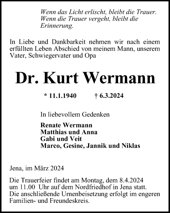 Traueranzeige von Kurt Wermann von Ostthüringer Zeitung, Thüringische Landeszeitung