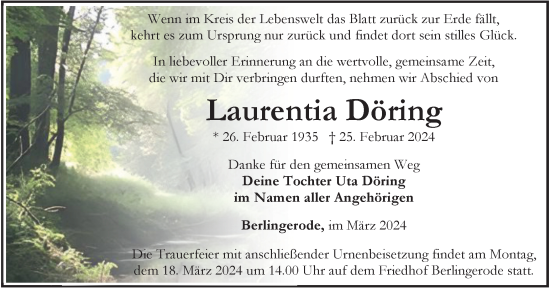Traueranzeige von Laurentia Döring von Thüringer Allgemeine
