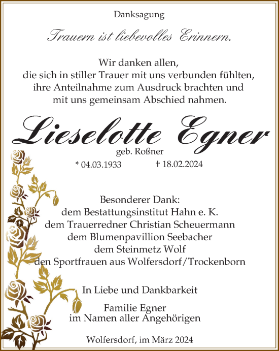 Traueranzeige von Lieselotte Egner