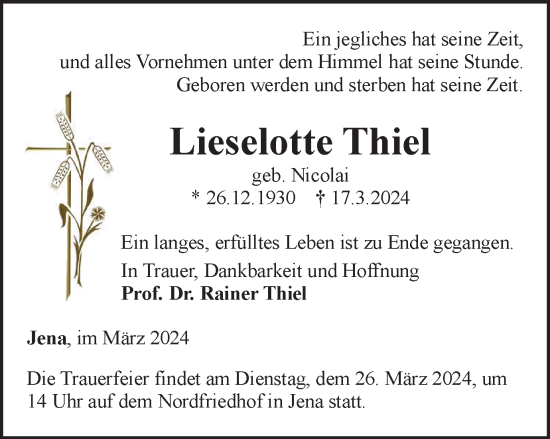 Traueranzeige von Lieselotte Thiel von Ostthüringer Zeitung, Thüringische Landeszeitung
