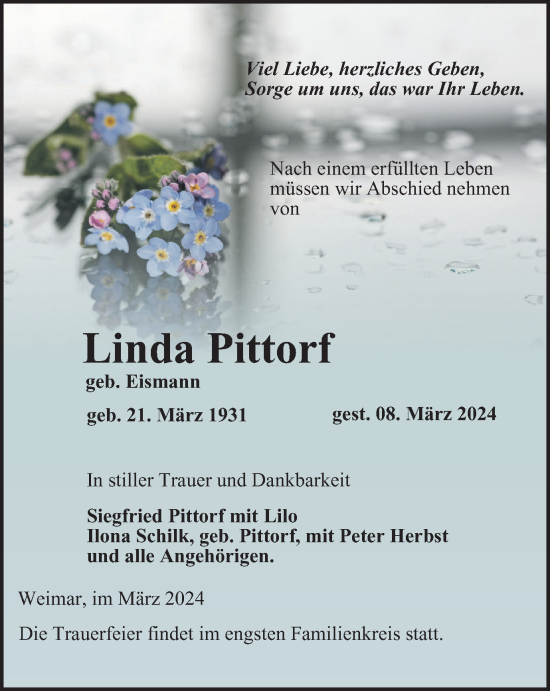 Traueranzeige von Linda Pittorf von Thüringer Allgemeine, Thüringische Landeszeitung