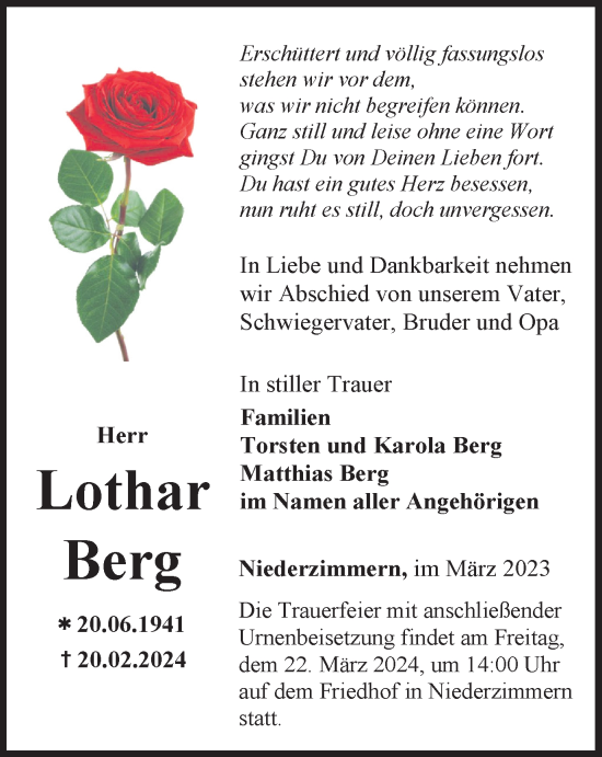 Traueranzeige von Lothar Berg von Thüringer Allgemeine, Thüringische Landeszeitung
