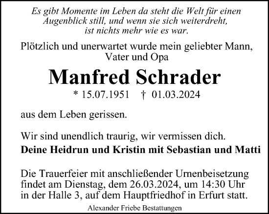 Traueranzeige von Manfred Schrader von Thüringer Allgemeine, Thüringische Landeszeitung