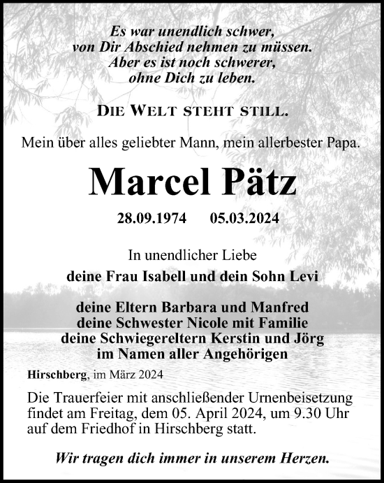 Traueranzeige von Marcel Pätz von Ostthüringer Zeitung