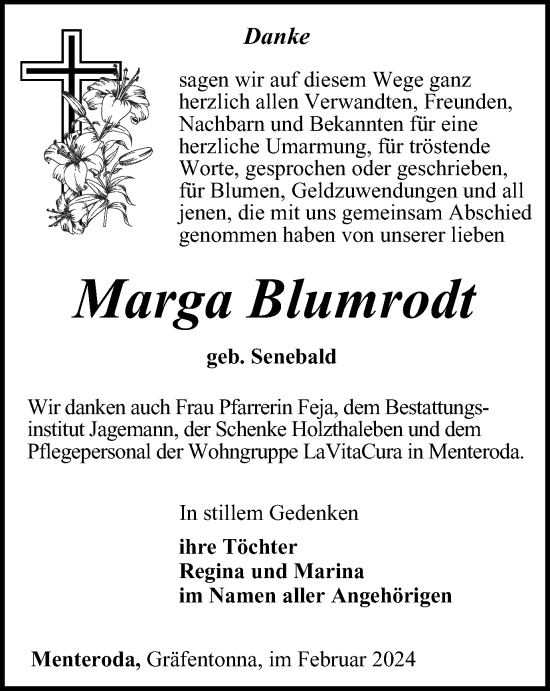 Traueranzeige von Marga Blumrodt von Thüringer Allgemeine, Thüringische Landeszeitung