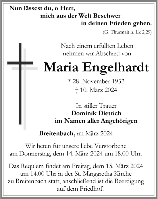 Traueranzeige von Maria Engelhardt von Thüringer Allgemeine