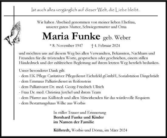 Traueranzeige von Maria Funke von Thüringer Allgemeine
