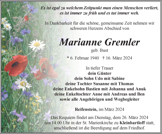 Traueranzeige von Marianne Gremler von Thüringer Allgemeine
