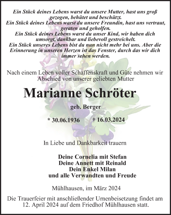 Traueranzeige von Marianne Schröter von Thüringer Allgemeine, Thüringische Landeszeitung