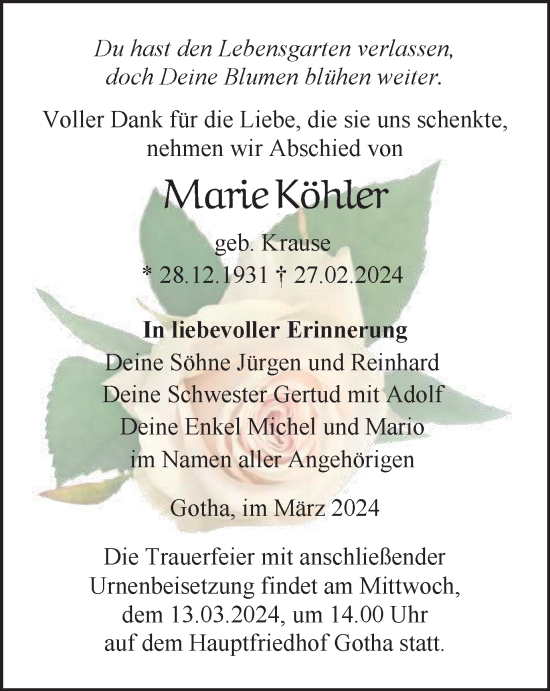 Traueranzeige von Marie Köhler von Thüringer Allgemeine, Thüringische Landeszeitung
