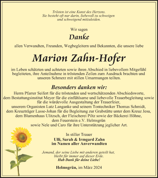 Traueranzeige von Marion Zahn-Hofer von Ostthüringer Zeitung