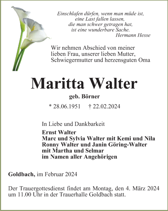 Traueranzeige von Maritta Walter von Thüringer Allgemeine, Thüringische Landeszeitung