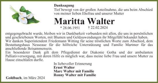 Traueranzeige von Maritta Walter von Thüringer Allgemeine, Thüringische Landeszeitung