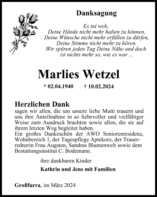 Traueranzeige von Marlies Wetzel