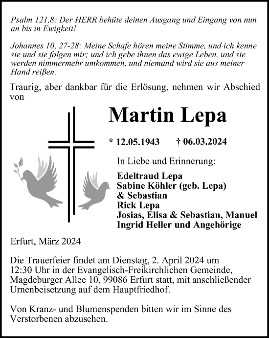 Traueranzeige von Martin Lepa von Thüringer Allgemeine, Thüringische Landeszeitung