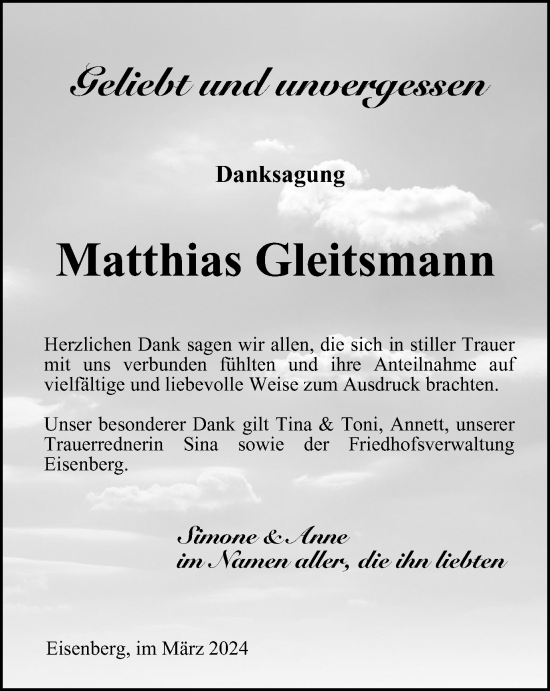 Traueranzeige von Matthias Gleitsmann von Ostthüringer Zeitung