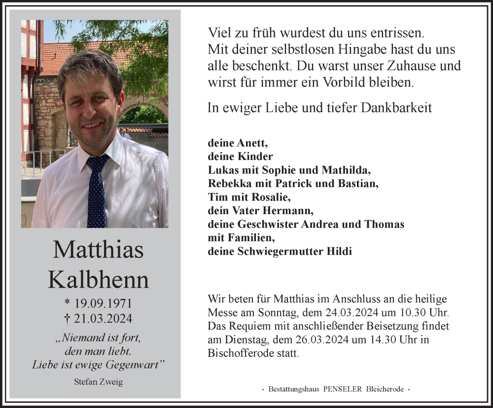  Traueranzeige für Matthias Kalbhenn vom 23.03.2024 aus Thüringer Allgemeine