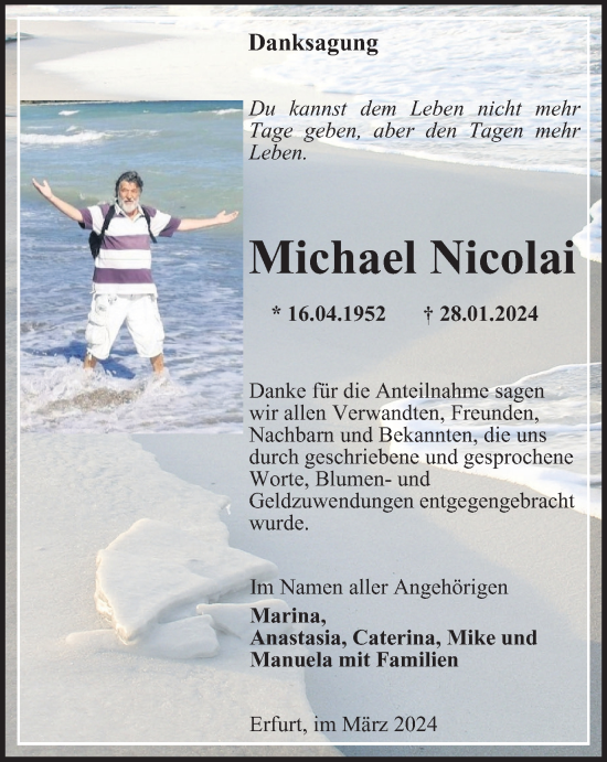 Traueranzeige von Michael Nicolai von Thüringer Allgemeine, Thüringische Landeszeitung