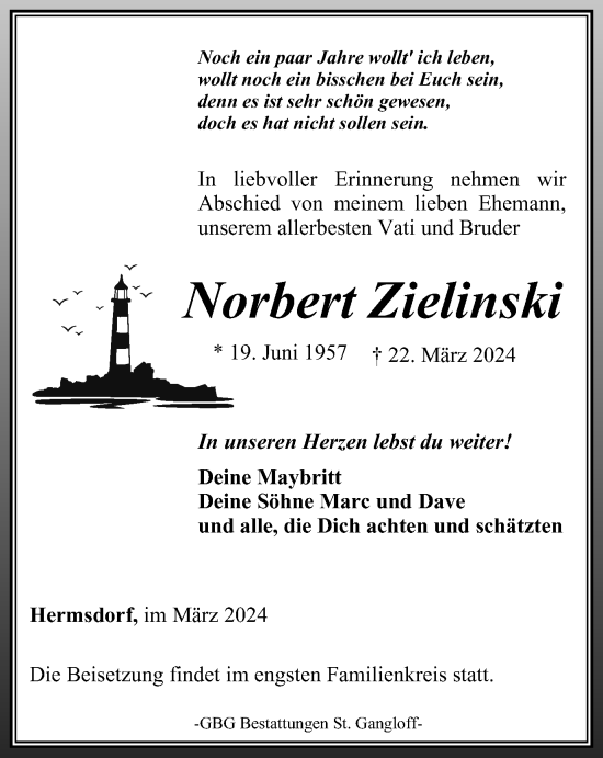 Traueranzeige von Norbert Zielinski von Ostthüringer Zeitung