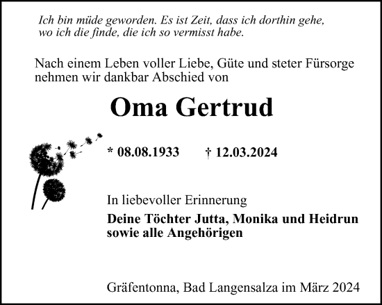 Traueranzeige von Oma Gertud  von Thüringer Allgemeine, Thüringische Landeszeitung