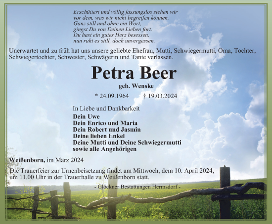 Traueranzeige von Petra Beer von Ostthüringer Zeitung