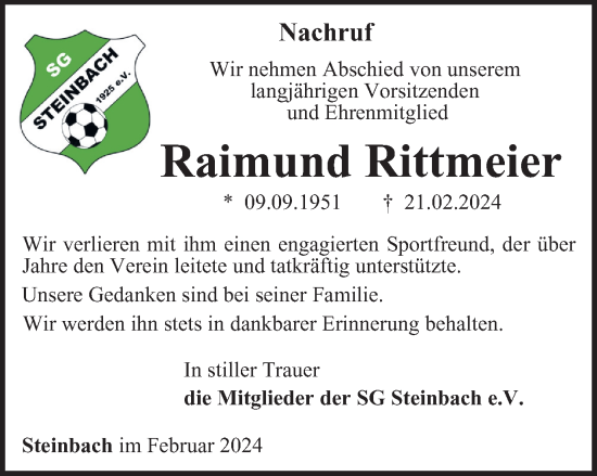 Traueranzeige von Raimund Rittmeier von Thüringer Allgemeine